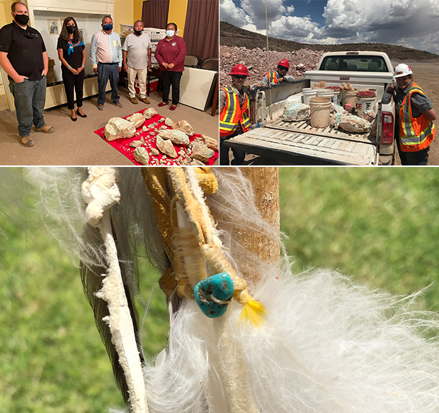 From left, Michael Tharby, Senior Geologist-Safford, and Tanayia White, Lead Native American Affairs Specialist-Safford, are joined by representatives of the San Carlos Apache Tribe during the presentation of turquoise. Safford geologists display the raw turquoise fragments that were discovered in Safford’s Lone Star pit. A finished piece of turquoise is used as part of an Apache ceremonial item. A finished piece of turquoise is used as part of an Apache ceremonial item. Safford geologists display the raw turquoise fragments that were discovered in Safford’s Lone Star pit.