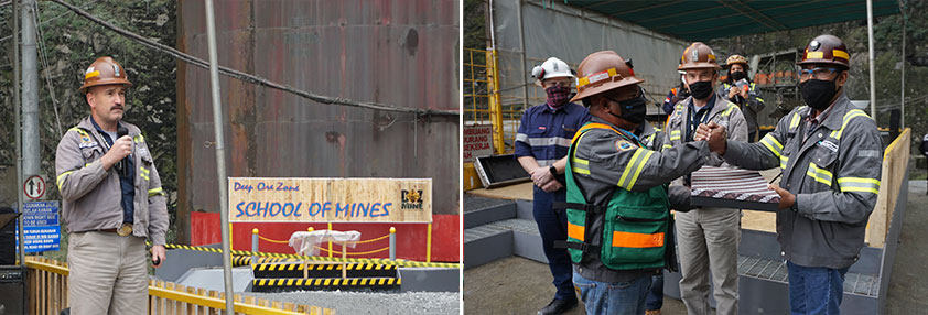 Chris Zimmer, Senior Vice President- Underground Mine at PTFI, addresses the crowd at a ceremony for the closure of the DOZ Mine at PTFI. Nathaniel Rumaropen (left), one of DOZ's longest-serving employees, gives a souvenir to Carl Tauran, EVP-Site Operations and Technical Mine Manager.