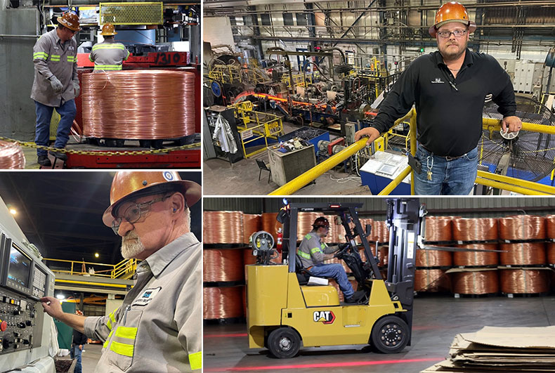 Charles Burtlow, Rod Mill Operator III-Miami, and Anthony Gatewood, Rod Mill Operator II-Miami, work another safe shift finishing coil at the Miami Rod Mill; David Rubin, Supervisor, Rod Mill-Miami, is part of a workforce that hasn’t experienced a workplace injury since September 2018; Ray Vidales, Rod Mill Operator II-Miami, aims his forklift tines at coil of rod to pick and move at the Miami Rod Mill; David Herzog, Senior Service Maintenance Specialist-Miami, said the safety record at the rod mill is a function of people “always looking after each other.”