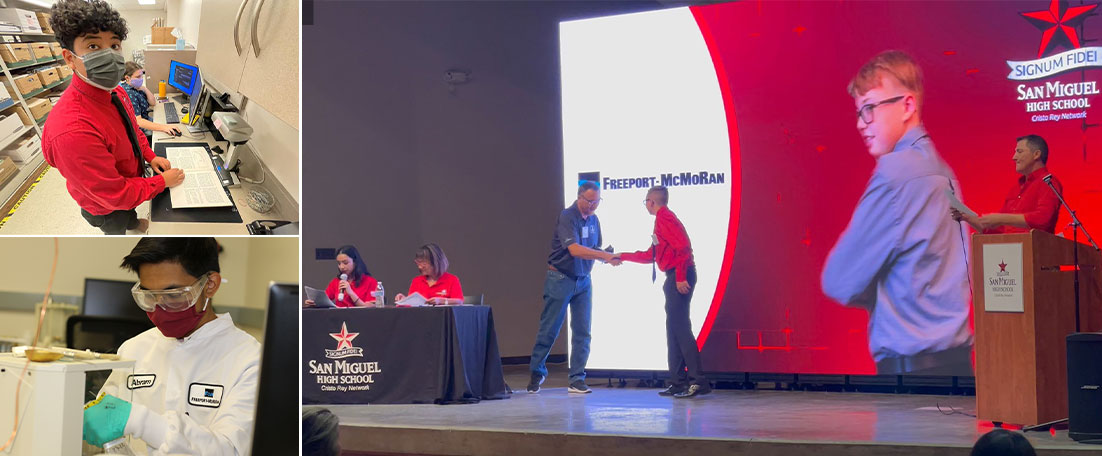 Jezrael Mendoza-Barajas was one of eight San Miguel students who interned at the Technology Center Tucson during the 2021-2022 school year; Oscar Baca, Principal Chemist, Tucson, welcomes San Miguel High School intern Isaiah Quevedo at the school’s “Draft Night” event in July; Abram Rivera’s internship at the Technology Center Tucson went so well it turned into a full-time summer job for him.