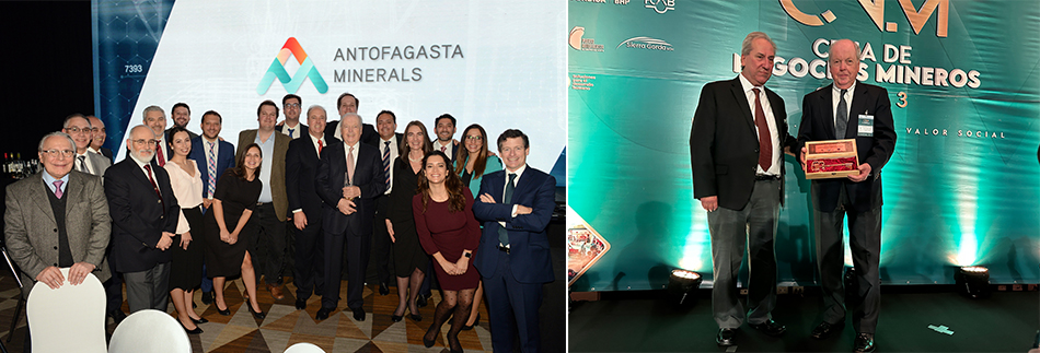 Francisco Costabal (center holding award) celebrates his recognition by multiple industry organizations with Freeport workers in Santiago.  Francisco Costabal (right) is honored for his half-century of work in the mining industry by the Association of Industrialists of Antofagasta and its president, Marko Razmilic.
