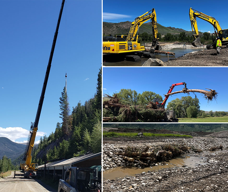 Large cranes were used to hoist trees over equipment used at the Henderson mill; Removing trees in a way they could be repurposed for river restoration projects proved complex, but was accomplished without any injuries; Delivering trees with their roots intact was necessary for the habitat restoration work in the Windy Gap Reservoir area; Trees were installed in a manner that stabilized the channel.