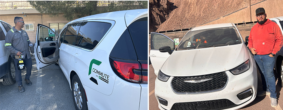 Christian Woolley, Control Systems Analyst I, starts his day at Sierrita in a rideshare van provided by the company; Jose Loera says Freeport’s vanpool program has made his long commute from his home in Douglas to Morenci more pleasant and less costly.