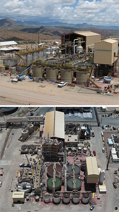 With the old concentrate leach plant (top) limited by space, the expansion was forced to go vertical and now consists of seven levels.